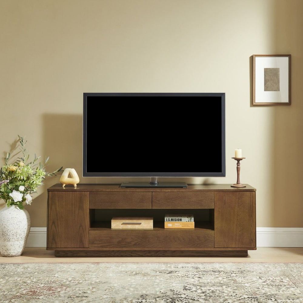 English Elm 59" Mid-century Walnut Entertainment Center Low Profile Media Console with Carved Cabinets W1801P457802