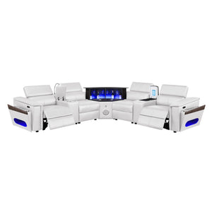 English Elm Nova Tech Sectional with Led Bar Bluetooth Speakers Power Recliners and Freezer Console White B009S02171