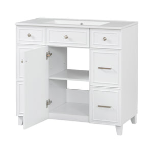 English Elm 36" 36-inch Transitional Bathroom Vanity with Ceramic Basin, Solid Wood Frame, Soft-Close Storage Elegance White N729P255663K
