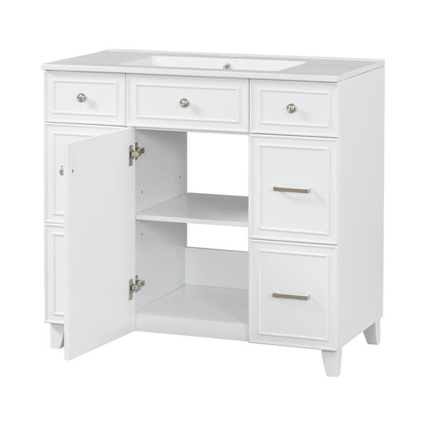 English Elm 36" 36-inch Transitional Bathroom Vanity with Ceramic Basin, Solid Wood Frame, Soft-Close Storage Elegance White N729P255663K