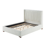 Modern Queen Size Upholstered Platform Bed Frame with Corduroy Headboard, Wooden Slats - White