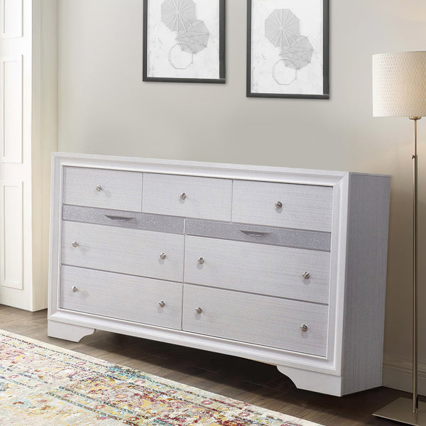 English Elm Transitional Six Drawer Dresser Gray Veneer Finish with Black Chamfered Legs Bedroom B056P416773