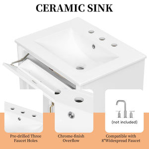 English Elm 24 Inch Freestanding Bathroom Vanity Solid Rubberwood Ceramic Sink Matte Finish Storage White N725P375626K