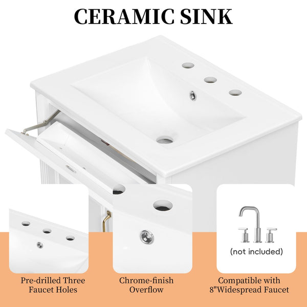 English Elm 24 Inch Freestanding Bathroom Vanity Solid Rubberwood Ceramic Sink Matte Finish Storage White N725P375626K