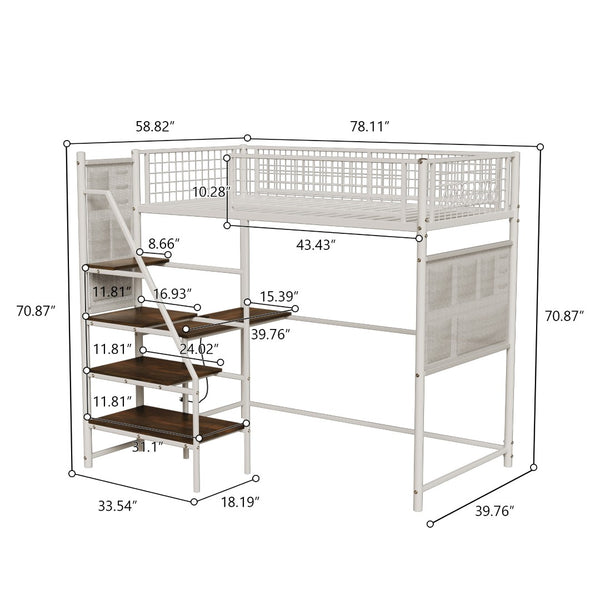 English Elm Black Metal Loft Bed with Built-in Desk Rgb Led Lighting and Charging Station White W1671S00005