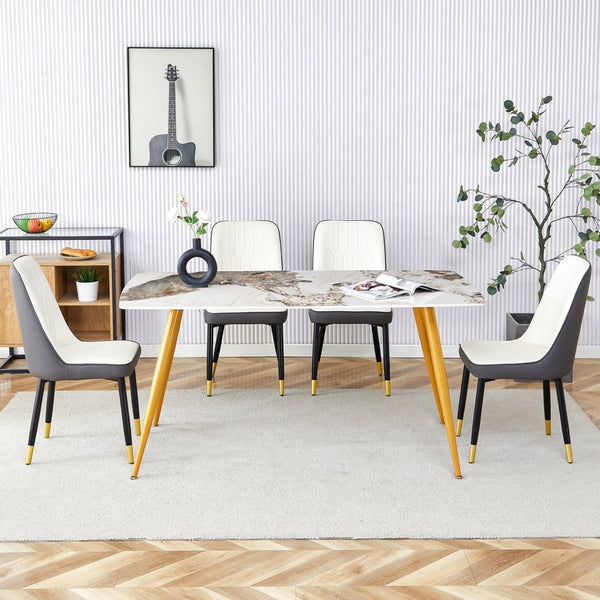 English Elm Table And Chair Set - Modern Minimalist Dining With White Marble Sintered Stone & Gold Legs, 4 Chairs W1151S01669-GIGA
