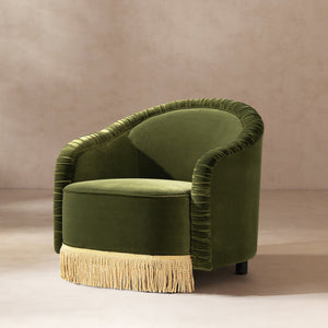 English Elm Jennifer Taylor Home - Serena Olive Green Performance Velvet Barrel Back Accent Chair with Ruched Texture & Bullion Fringe Elegance B2719P355285