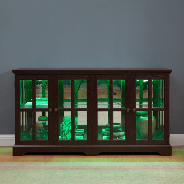 English Elm Led Curio Display Cabinet - Antique Cherry 4-Door Showcase With Adjustable Shelves & Colorful Lighting W2275P231691