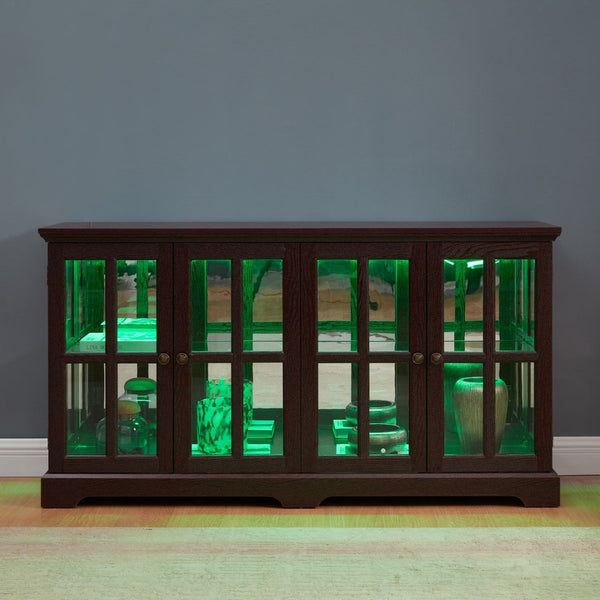 English Elm Led Curio Cabinet Four Glass Doors Cherry Finish Adjustable Shelves for Collectibles W2275P460424