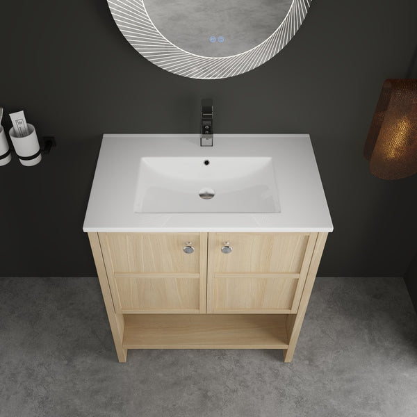 English Elm 30" Freestanding Bathroom Vanity with Ceramic Sink, Oak Plywood Finish, Soft-Closing Doors, Open Shelf W1972S00024