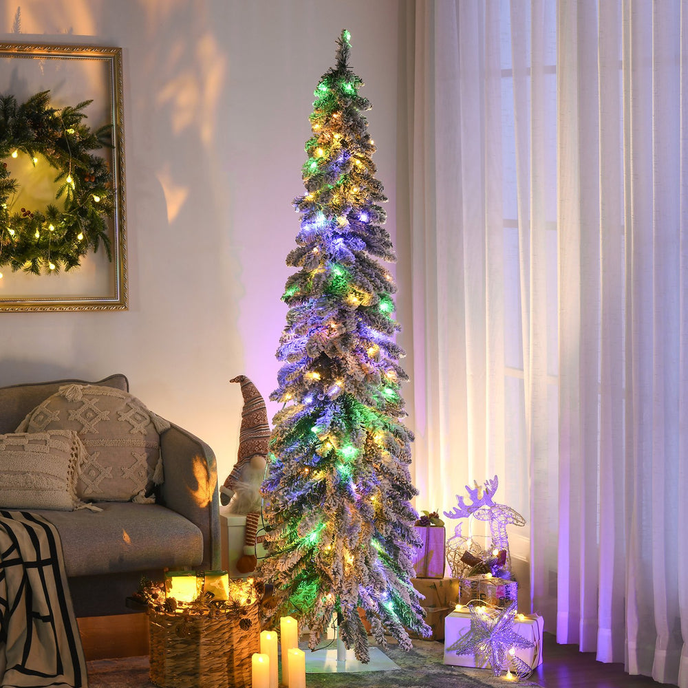 English Elm Homcom 6Ft Prelit Pencil Christmas Tree With 407 Snow Flocked Branches & 250 Led Lights For Cozy Decor W2225P249622