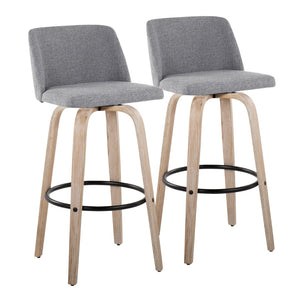 English Elm Mid-century Modern Swivel Barstools with Bentwood Legs and Grey Upholstered Seats Set B202S00667