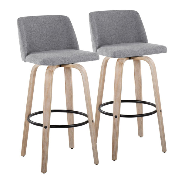 English Elm Mid-century Modern Swivel Barstools with Bentwood Legs and Grey Upholstered Seats Set B202S00667