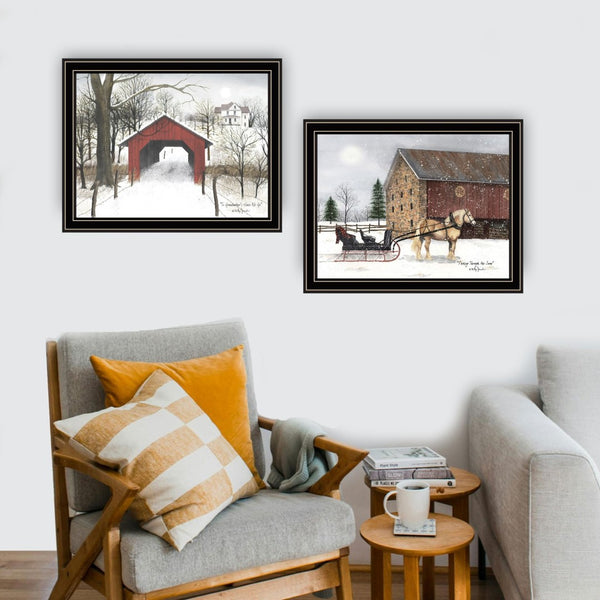 English Elm Trendy Decor 4u Billy Jacobs Winter Sleigh Two Piece Black Framed Farmhouse Wall Art B067P255215