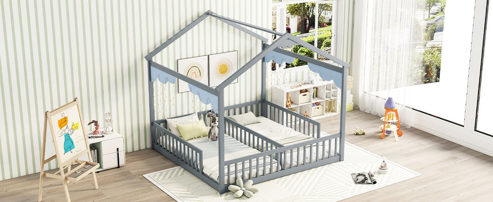 English Elm Double Twin House-Style Floor Bed with Fence Guardrails for Kids, Pine & Plywood Durable Design Grey W504P308458