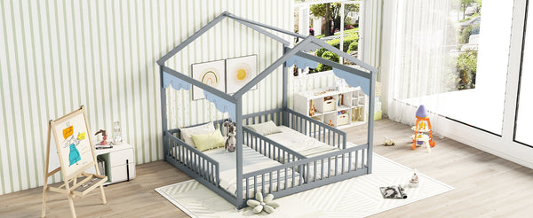 English Elm Double Twin House-Style Floor Bed with Fence Guardrails for Kids, Pine & Plywood Durable Design Grey W504P308458