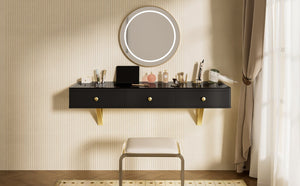 English Elm GO 47" Floating Shelf with Drawer — Sleek Wall-Mounted Vanity Desk, MDF/Iron/Glass, 100lb Capacity WF316977AAB