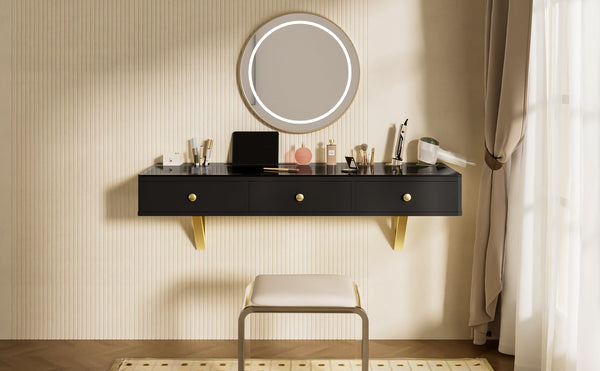 English Elm GO 47" Floating Shelf with Drawer — Sleek Wall-Mounted Vanity Desk, MDF/Iron/Glass, 100lb Capacity WF316977AAB