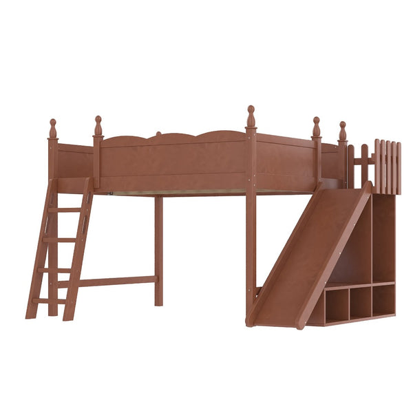 English Elm Queen Solid Pine Loft Bed with Wardrobe Shelves Detachable Slide and Dual Sleeping Zones Antique Natural W5305S00030