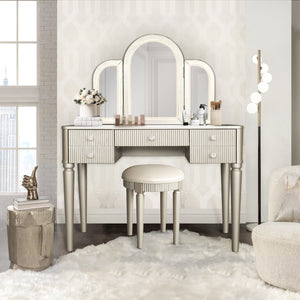 English Elm AGODY Mirrored Vanity with LED Light and Solid Rubber Wood Frame, Skin-Friendly PU Seat for Bedroom Champagne W2170P208424
