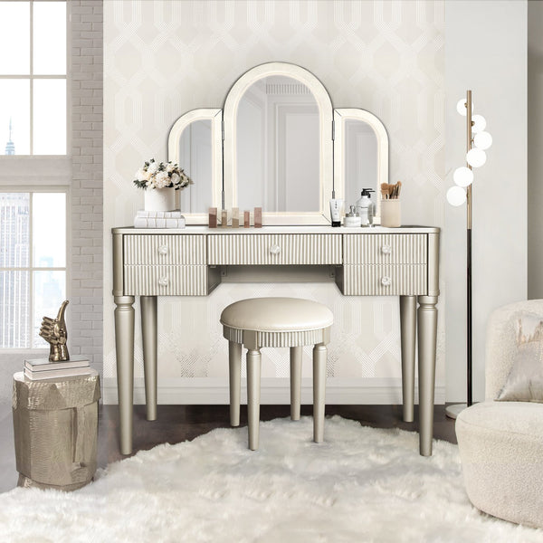 English Elm AGODY Mirrored Vanity with LED Light and Solid Rubber Wood Frame, Skin-Friendly PU Seat for Bedroom Champagne W2170P208424