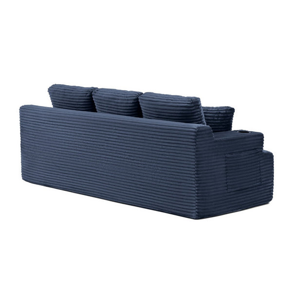 English Elm 86.2''boneless Floor Sofa Ribbed Corduroy 3 Seater with Cup Holders and Side Pockets Blue W1117P421191