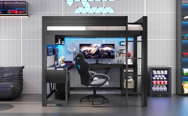 English Elm Wood Full Size Gaming Loft Bed With Integrated Desk, Charging Station & Led Lights - Black Finish N7090004022B-GIGA