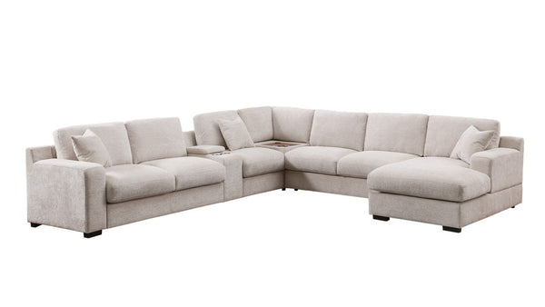 English Elm Chiara Chenille Sectional Sofa with Chaise Cupholders Usb Charging Ports Living Room Beige B2749S00237