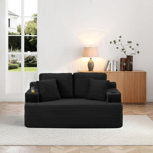 English Elm Boneless Floor Sofa Corduroy Upholstered 5 Seat Low Profile with Cup Holders for Living Room Black W1117S00435