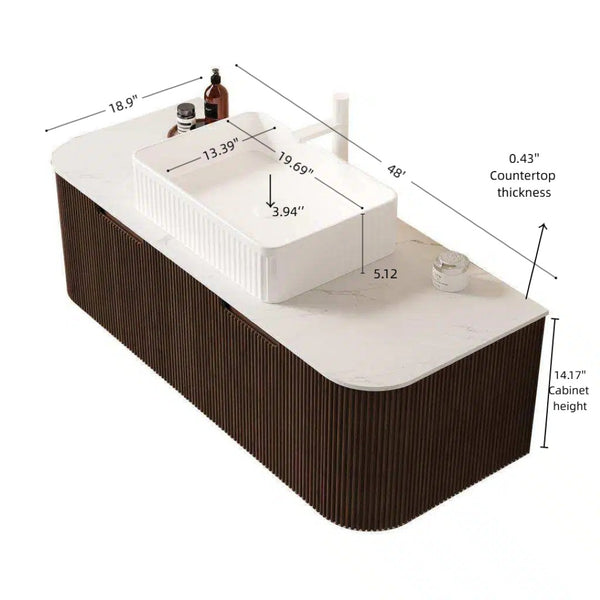 English Elm Dina Floating Bathroom Vanity with Crystal Glass Basin and Sintered Stone Top Dark Walnut,White W2615S00167