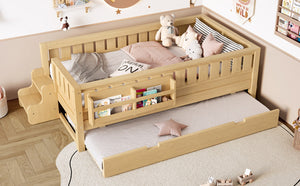English Elm Twin Kids Platform Bed with Trundle Staircase Bookshelf and Rounded Safety Rails Light Natural W1580S00557