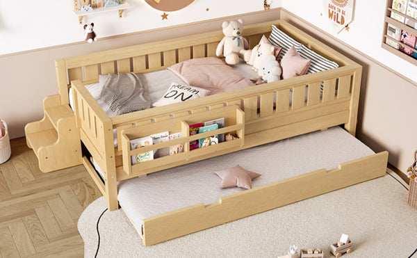 English Elm Twin Kids Platform Bed with Trundle Staircase Bookshelf and Rounded Safety Rails Light Natural W1580S00557