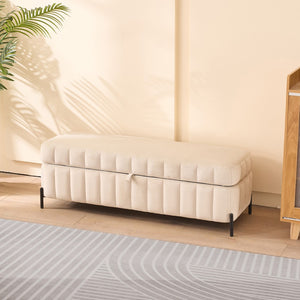 English Elm 49.21" Wide Velvet Upholstered Storage Bench with Lift Top and Slim Metal Legs Beige W3118P272642
