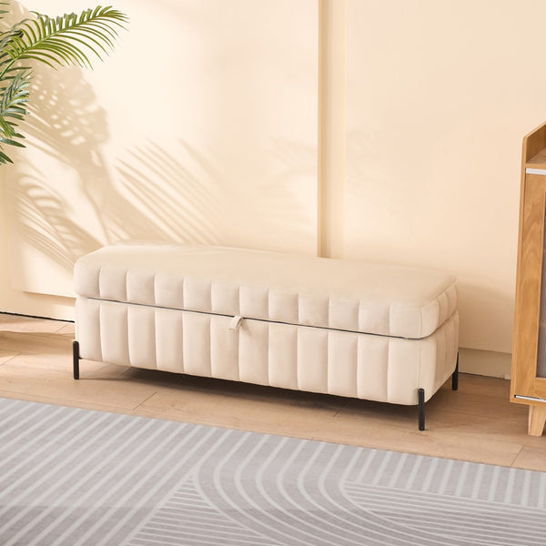 English Elm 49.21" Wide Velvet Upholstered Storage Bench with Lift Top and Slim Metal Legs Beige W3118P272642