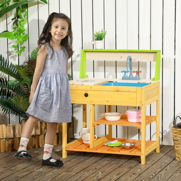 English Elm Outsunny Solid Fir Wood Kids Outdoor Mud Kitchen Playset with Sink Faucet Shelves W2225P200780