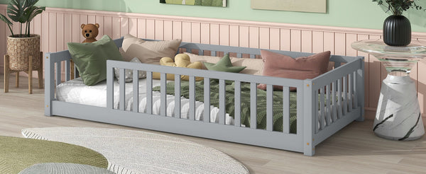 English Elm Twin Solid Rubberwood Floor Bed with Full Perimeter Safety Rails for Toddler Rooms Grey W504P296793