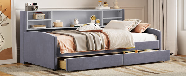 English Elm Twin Velvet Upholstered Platform Bed with Plush Headboard, Underbed Drawers & Hidden Cabinet Storage Gray SF000183AAE