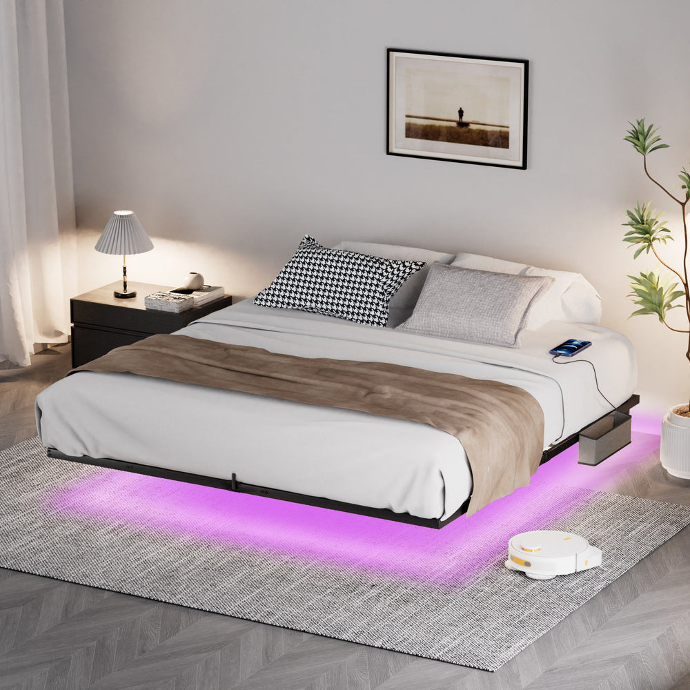 English Elm Floating Bed Frame King Size With Led Lights & Charging Station - Modern Metal Platform Design! W1162P187901