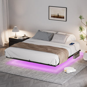 English Elm Floating Bed Frame King Size With Led Lights & Charging Station - Modern Metal Platform Design! W1162P187901