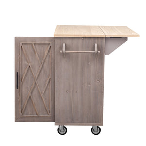 English Elm K&K Farmhouse Kitchen Island with Geometric Twill Doors, ASH Bark Top, Drop Leaf & Lockable Wheels Brown N707P221444Z