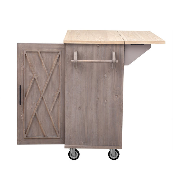 English Elm K&K Farmhouse Kitchen Island with Geometric Twill Doors, ASH Bark Top, Drop Leaf & Lockable Wheels Brown N707P221444Z
