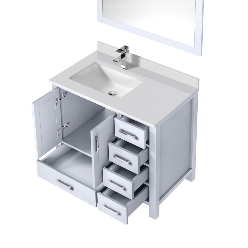English Elm White Bath Vanity Set With Left Offset Cultured Marble Top, Chrome Faucet & Matching Mirror 36" W B2731S01328-GIGA
