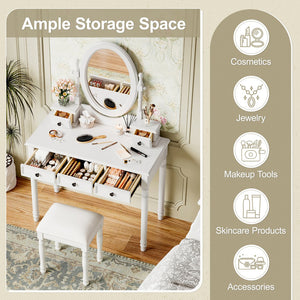 English Elm Vanity Vintage Wooden Makeup Desk with 180° Adjustable Mirror, 5 Velvet‑Lined Drawers & Cushioned Stool White 52.7 L x 22.5 W x 11 H N733P305139K