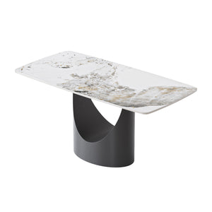 English Elm 63" Modern Artificial Stone Dining Table With Curved Design & Black Iron Legs - Seats 6-8 Comfortably W1535S00560