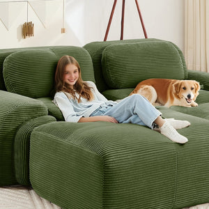 English Elm L-shaped Modular Corduroy Sectional Sofa Ergonomic Low Profile Living Room Seating Olive Green W714S01258