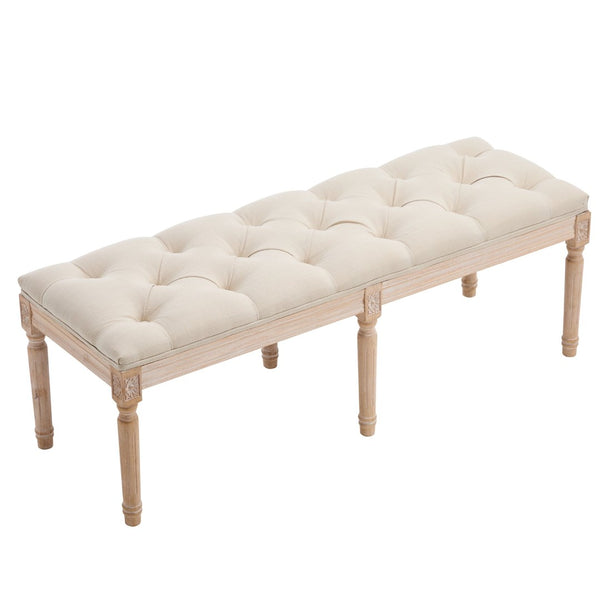 English Elm Bedroom Bench Linen Tufted Seat with Hand Carved Rubberwood Legs French Country Style W3244P500175
