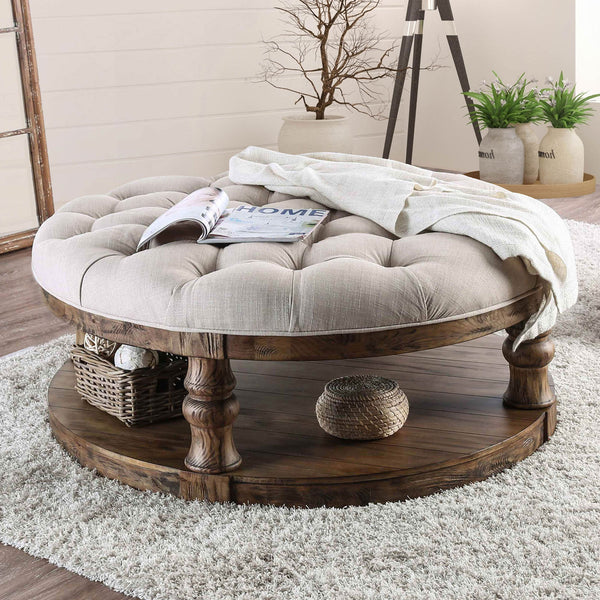 English Elm Rustic Round Wooden Coffee Table 48" Dia x 20" H with Weathered Finish, Turned Legs, Open Shelf and Button-Tufted Beige Linen Top Antique Dark Oak 51 L x 51 W x 13 H B2741P357496