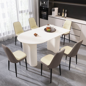 English Elm 63 Inch Cream Mdf Dining Set Six Chairs Pu Leather Seats Matte Black Metal Legs W2189S00897