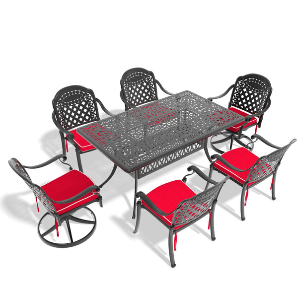 English Elm 7-Piece All-Weather Cast Aluminum Dining Set With Cushions, Umbrella Hole, And Swivel Chairs For 6 W1710S00371