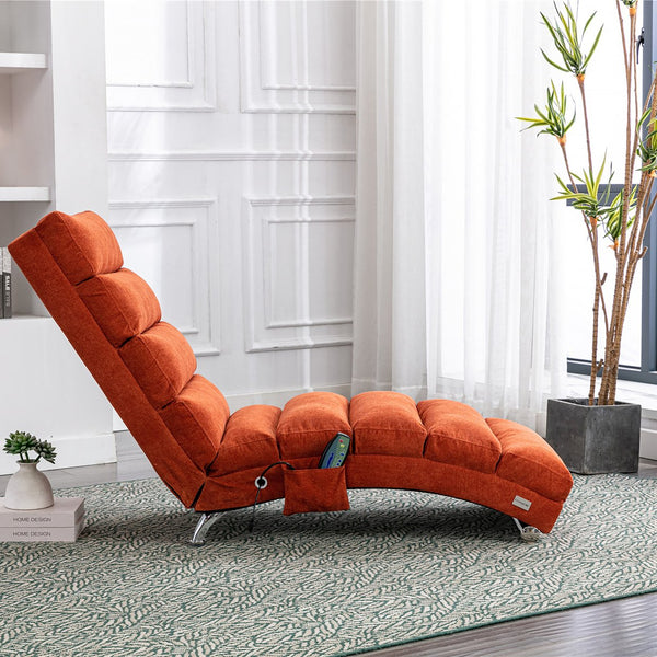 English Elm Linen Ergonomic Massage Chaise Lounge with Remote Control, 140° Recline, Heavy-Duty Frame, 5 Modes Orange W39539622